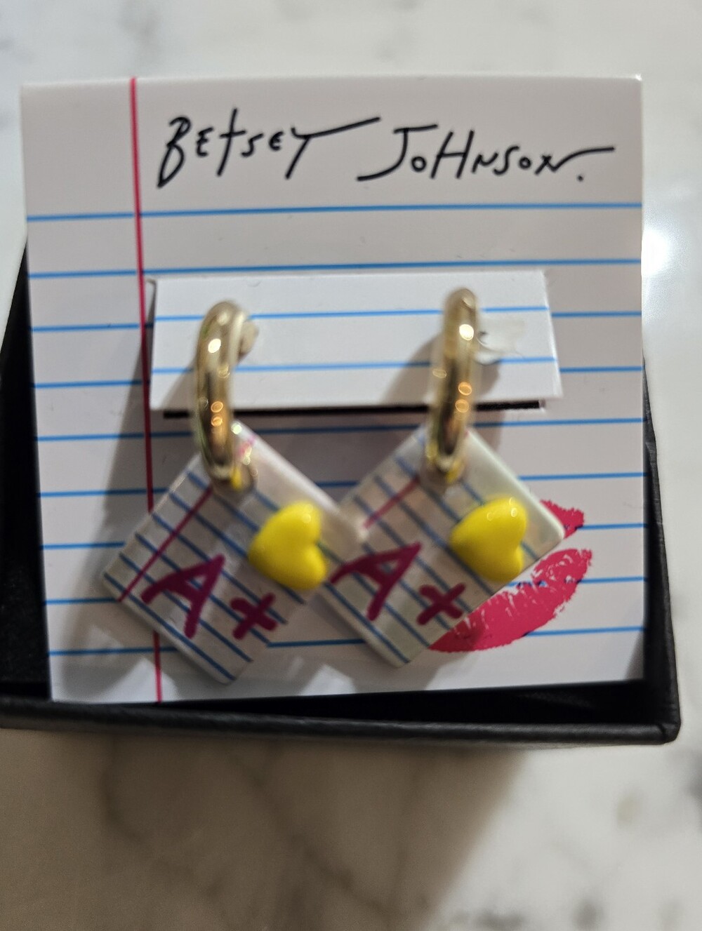 Betsey Johnson Gold Hoop Earrings with Yellow Heart & Pink A+ Notebook Charms